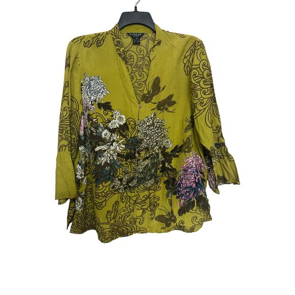 Citron Santa Monica Blouse Top Womens 1X Silk Blend Floral Lime Green  V-Neck - Picture 1 of 6